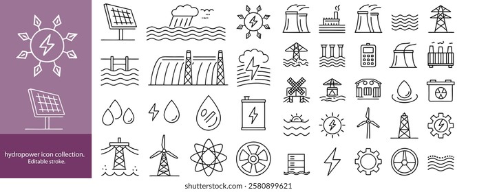 Set of  outline icons to hydropower. hydropower Linear icon collection. Editable stroke. Vector illustration