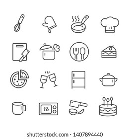 Set of outline icons for kitchen tools and cooking on white background