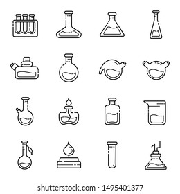 set of outline icons - laboratory flasks, graduated measuring cup and test tubes for diagnosis, analysis, scientific experiment. Chemical lab and equipment. Isolated vector objectsor signs in line sty