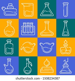 set of outline icons - laboratory flasks, measuring cup and test tubes for diagnosis, medical screening, scientific experiment. Chemical lab and equipment. Isolated vector signs in line style