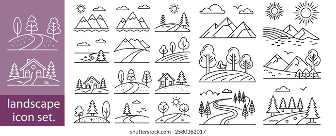 Set of outline icons landscape. landscape icon set, Linear icon collection. Editable stroke. Vector illustration