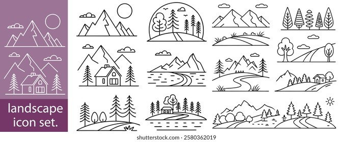 Set of outline icons landscape. landscape icon set, Linear icon collection. Editable stroke. Vector illustration