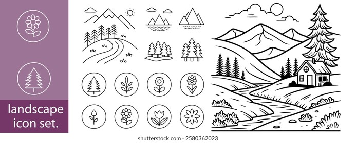 Set of outline icons landscape. landscape icon set, Linear icon collection. Editable stroke. Vector illustration