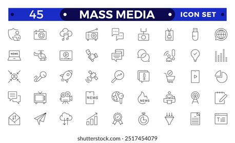 Set of Outline icons news, mass media, and fake news. Outline symbol collection. related to social networks, public media, journalism, communication, networking. 
