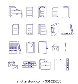 Set of outline icons for office documents, paperwork. Vector folders set. Line folders isolated on white background. File folder vector set. 
