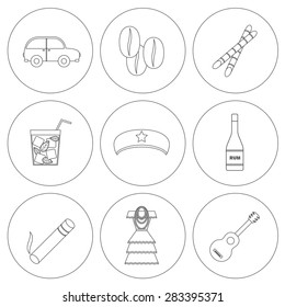 Set of outline icons on Cuba theme with rum, coctail Cuba Libre, old car, sugar cane, coffee, guitar, cigar, national woman's dress and famous hat of Che for your cuban design