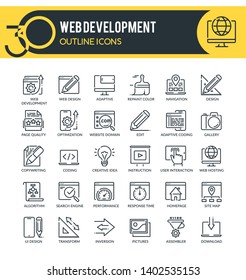 Set of outline icons on following themes – web design, web development, responsive design and other.