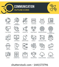 Set of outline icons on following themes - web network; communication; connectivity and other. Each icon neatly designed on pixel perfect 32X32 size grid.