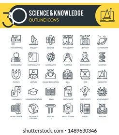 Set of outline icons on following themes - education, science, online training and courses, university and distance education.