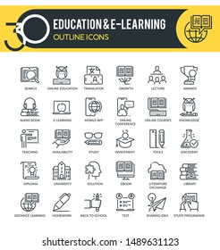 Set of outline icons on following themes - education, science, online training and courses, university and distance education.
