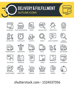 Set of outline icons on following themes - ecommerce, commerce, shipping, delivery and fulfillment. 