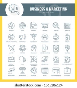 Set of outline icons on following themes – business, marketing, digital marketing, market research, strategy, planning and other.