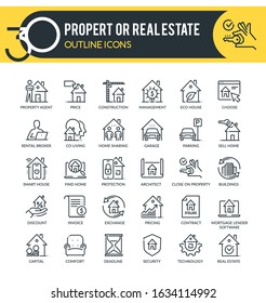 Set of outline icons on following topics – real estate, property, real estate innovation, property technology, business and other.