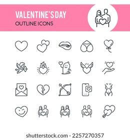 Set of outline icons on following topics, Valentine's Day and love. Each icon neatly designed on pixel perfect 32X32 size grid. Perfect for use in website, presentation, promotional materials