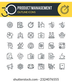 Set of outline icons on following topics  Product management, Marketing and Studio product development. Each icon neatly designed on pixel perfect 32X32 size grid. 