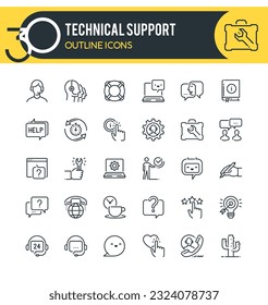 Set of outline icons on following topics Customer Service, Support, Technical support and other. Each icon neatly designed on pixel perfect 32X32 size grid. 