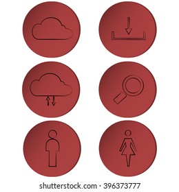 Set of outline icons on red circle, buttons, ribbons isolated on white background