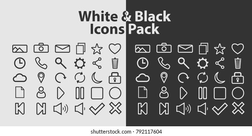 Set of outline icons on white and black background. Vector contour icons.