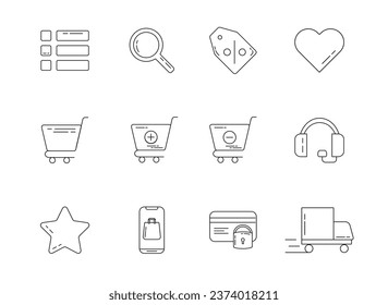 Set Outline icons of online shopping. Catalog, Discounts, Search, Favorites, Cart, Support, Delivery, Safe Payment, App, special Offer. Suitable for use in apps, web, online store.