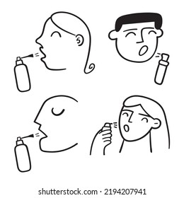 Set of outline icons. People using throat spray. Vector illustration on white background.