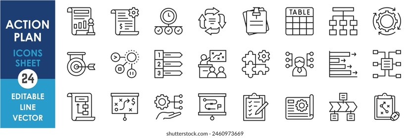 A set of outline icons related to action plans. Strategy, document, timing, planning, modification and so on. Linear icons set.