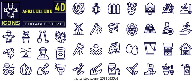 Set of outline icons related to agriculture. a comprehensive collection of line icons representing various aspects of farming, gardening, and rural life.
