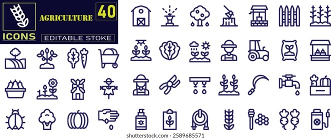 Set of outline icons related to agriculture. a comprehensive collection of line icons representing various aspects of farming, gardening, and rural life.