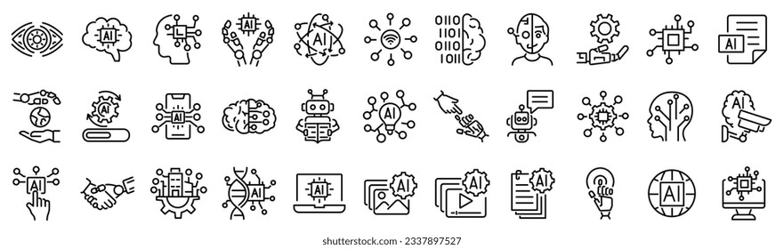 Set of outline icons related to AI, artificial intelligence. Linear icon collection. Editable stroke. Vector illustration