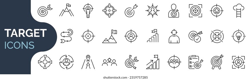 Set of outline icons related to aim, target, goal, achievement, headhunting, employment. Editable stroke. Vector illustration. 