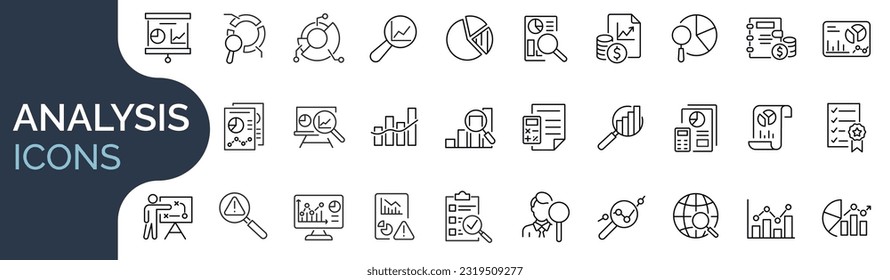 Set of outline icons related to analysis, infographic, analytics. Editable stroke. Vector illustration. 