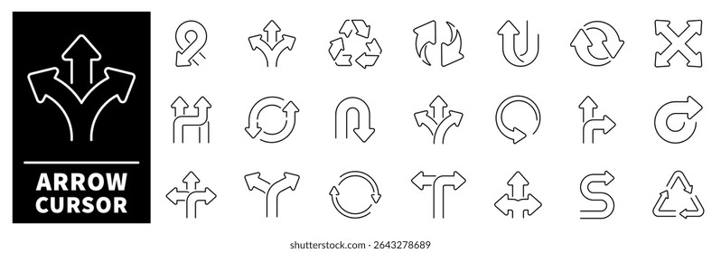 Set of outline icons related to arrows and cursors. Arrows linear vector icons. Arrow, cursor, pointer symbols. Thin line editable stroke arrows
