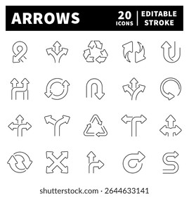 Set of outline icons related to arrows and cursors. Arrows linear vector icons. Arrow, cursor, pointer symbols. Thin line editable stroke arrows