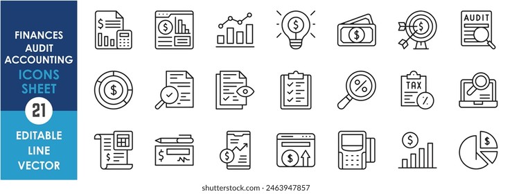 A set of outline icons related to audit, finance, and accounting. Vector line icons with tax, graph, money, calculations and so on.