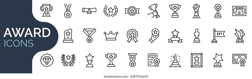 Conjunto de iconos de esquema relacionados con premios, insignias, trofeos, medallas. Colección de iconos lineales. Trazo editable. Ilustración del vector