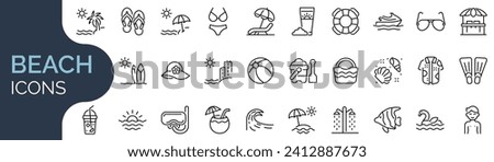 Set of outline icons related to beach. Linear icon collection. Editable stroke. Vector illustration