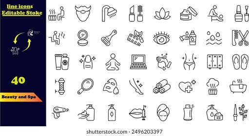 Set of outline icons related to beauty and spa. Linear icon collection.