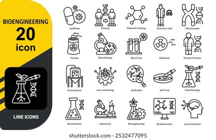 Set of outline icons related to biotechnology, biochemistry, farming, science.  Vector illustration