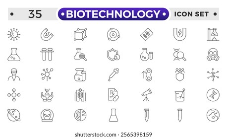 Set of outline icons related to biotechnology, biochemistry, farming, science. Lab and science line icon set. Laboratory equipment icons. Flask, microscope, syringe, pipette, petri dish.
