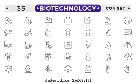 Set of outline icons related to biotechnology, biochemistry, farming, science. Lab and science line icon set. Laboratory equipment icons. Flask, microscope, syringe, pipette, petri dish.
