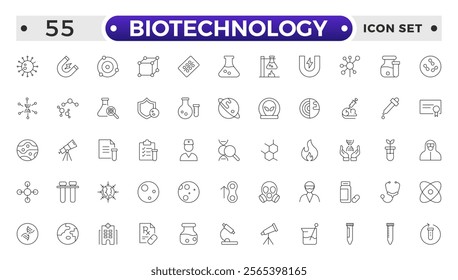 Set of outline icons related to biotechnology, biochemistry, farming, science. Lab and science line icon set. Laboratory equipment icons. Flask, microscope, syringe, pipette, petri dish.
