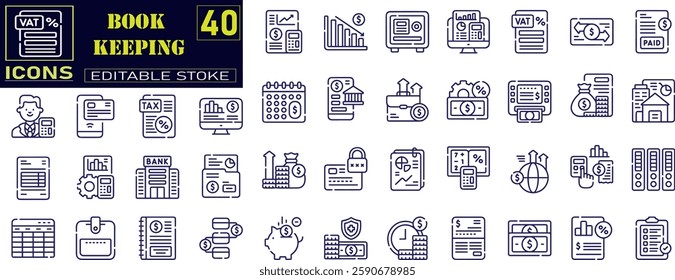 Set of outline icons related to bookkeeping. Audit, ledger, receipt, balance sheet, tax, revenue, financial reports, savings, and so on.