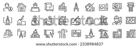 Set of outline icons related to building, architecture, house, design. Linear icon collection. Editable stroke. Vector illustration