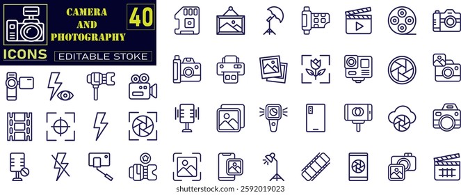 Set of outline icons related to camera. Containing photo camera, photographer, video camera and photograph symbol vector illustration. 