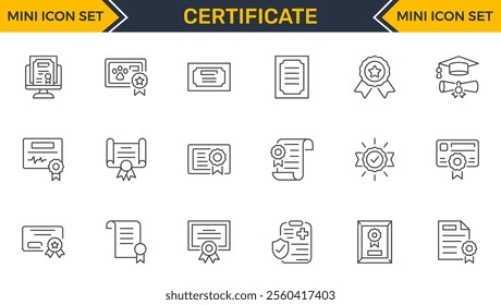 Set of outline icons related to certificate. Linear icon collection. Editable stroke. Vector illustration