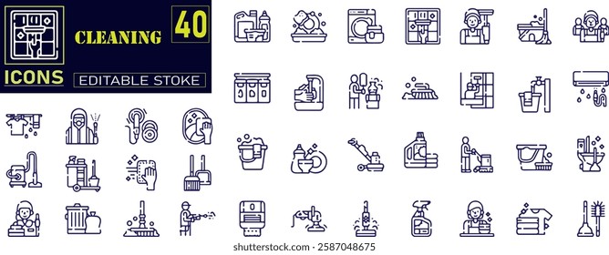 Set of outline icons related to cleaning . Gloves, Spray Bottle, Sponge, Mop icon. Design signs for web page, mobile app, packaging design. Vector illustration