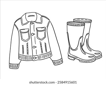 A set of outline icons related to clothing. Denim jacket and rubber boots, for garden and leisure in spring and fall. Black color on white background.