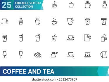 Set of outline icons related to coffee and tea. Minimal line style icons collections, outline symble, Linear icon collection. Editable stroke. Vector illustration