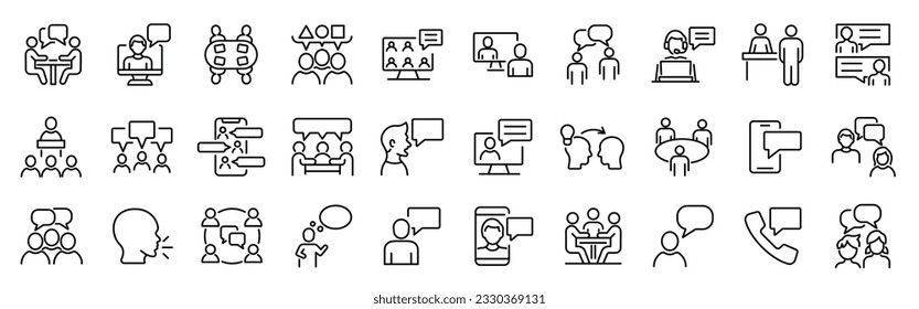 Set of outline icons related conversation, chat, talking, speaking. Linear icon collection. Editable stroke. Vector illustration