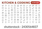 Set of outline icons related to cooking, and kitchen. Linear icon collection. Kitchen and Cooking thin line web icon set. Outline icons collection. Kitchen utensils - pan, oven, cookbook, saucepan.