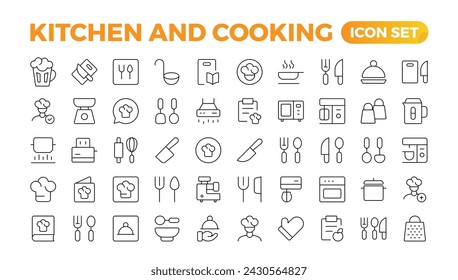 Set of outline icons related to cooking, and kitchen. Linear icon collection. Kitchen and Cooking thin line web icon set. Outline icons collection. Kitchen utensils - pan, oven, cookbook, saucepan.